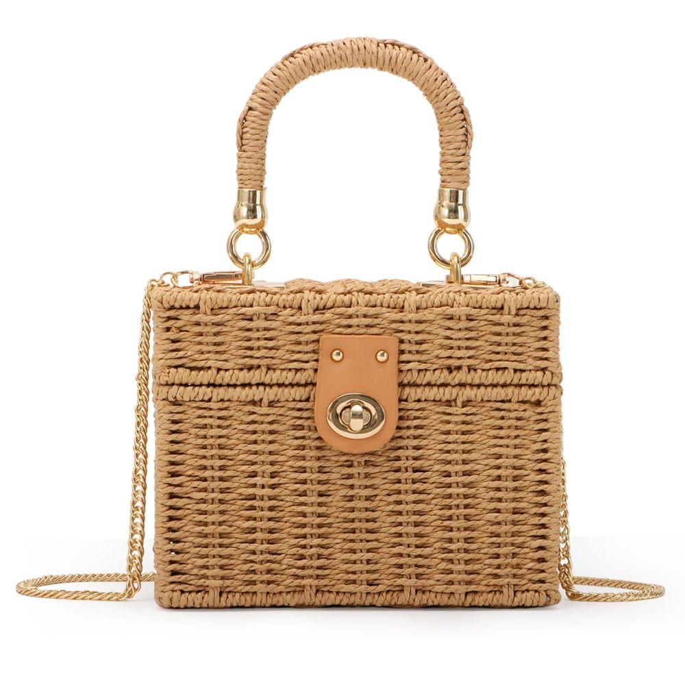 Handwoven Rattan Handbag Beach Straw Tote Bag Square Boho Crossbody :|